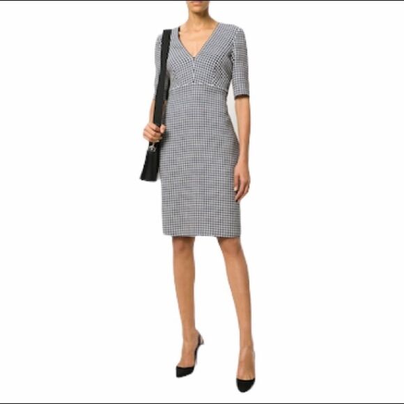 LUISA CERANO Checked Fitted Gingham Dress V-Neck Knee Length Black White 14 - Picture 3 of 13